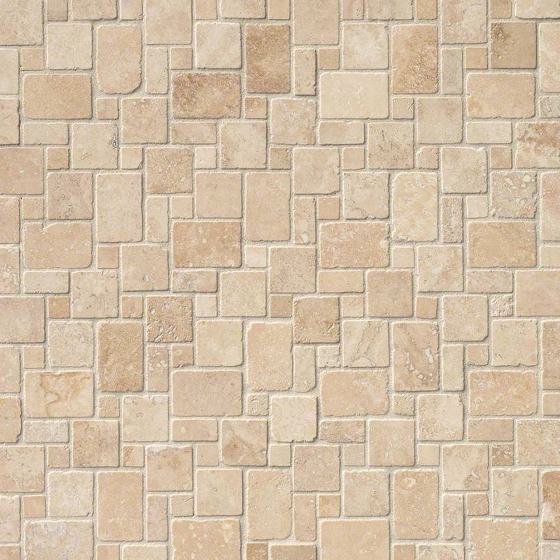 Ivory Travertine Mini Versailles Pattern Tumbled in 12x12 Mesh